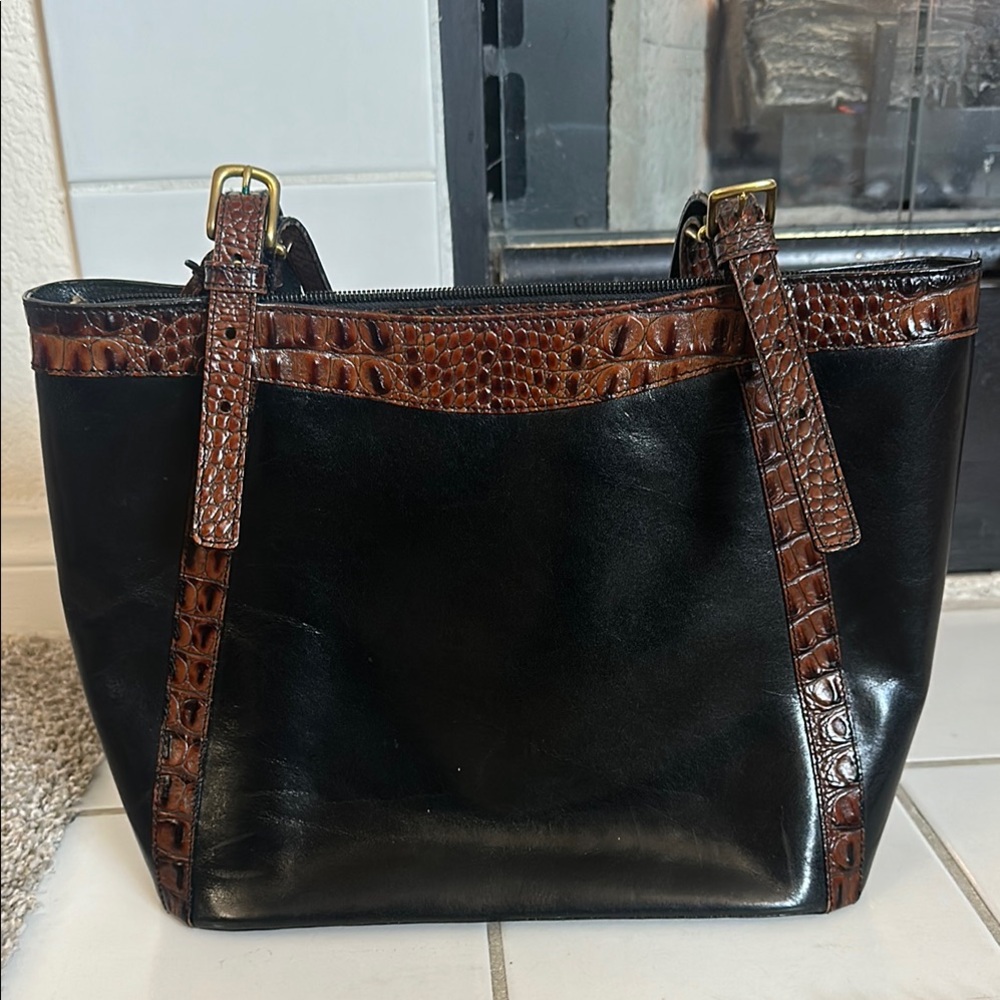 Brahmin Leather Black & Brown Croc Accent Shoulder Bag VTG EUC